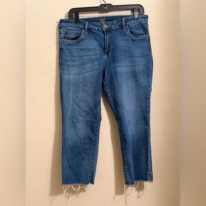 KUT From The Kloth Crop Skinny Jeans Size 12 Raw Hem Blue Stretch Denim